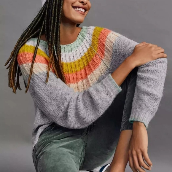 By Anthropologie Colleen Wool Alpaca Blend Colorful Knit Striped Sweater Size XS - Picture 1 of 9